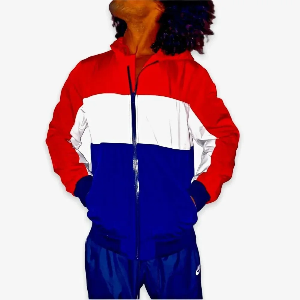 H M Vintage Nylon Bomber Jacket Shiny Silky Glanz Red White Blue Medium - Picture 1 of 8